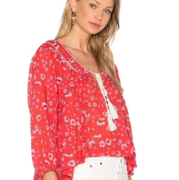 Free People Never A Dull Moment Blouse Red Floral Hi Low Hem Lace Cotton Sm NWT - Picture 6 of 16